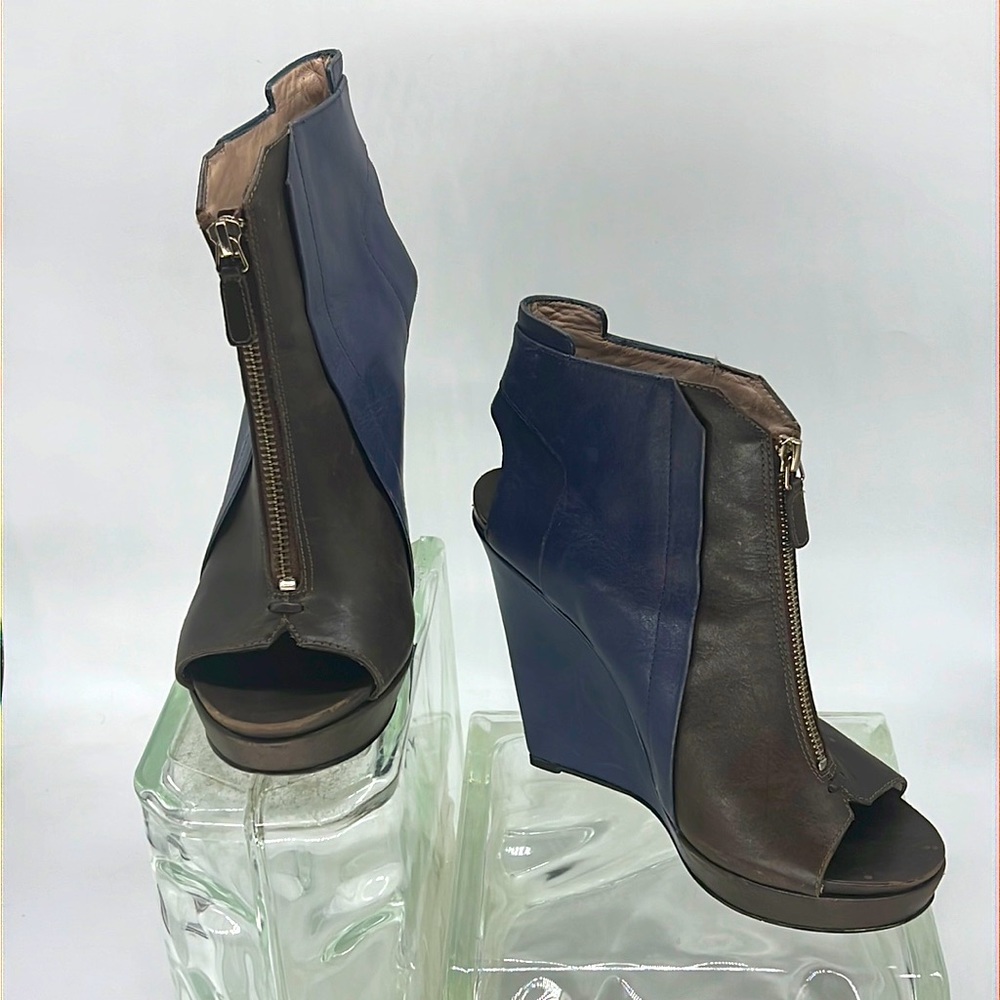 Derek Lam 10 Crosby Leather Colorblock Pattern Platform Wedge Peeptoe Booties 9